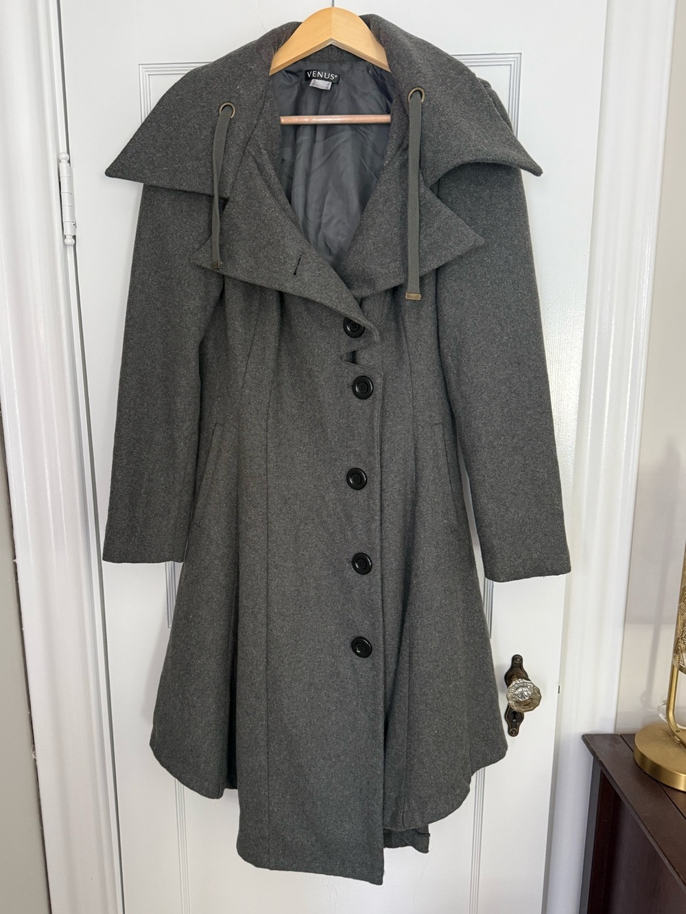 VENUS Charcoal Gray Wool-Blend Button Front Trench Coat
